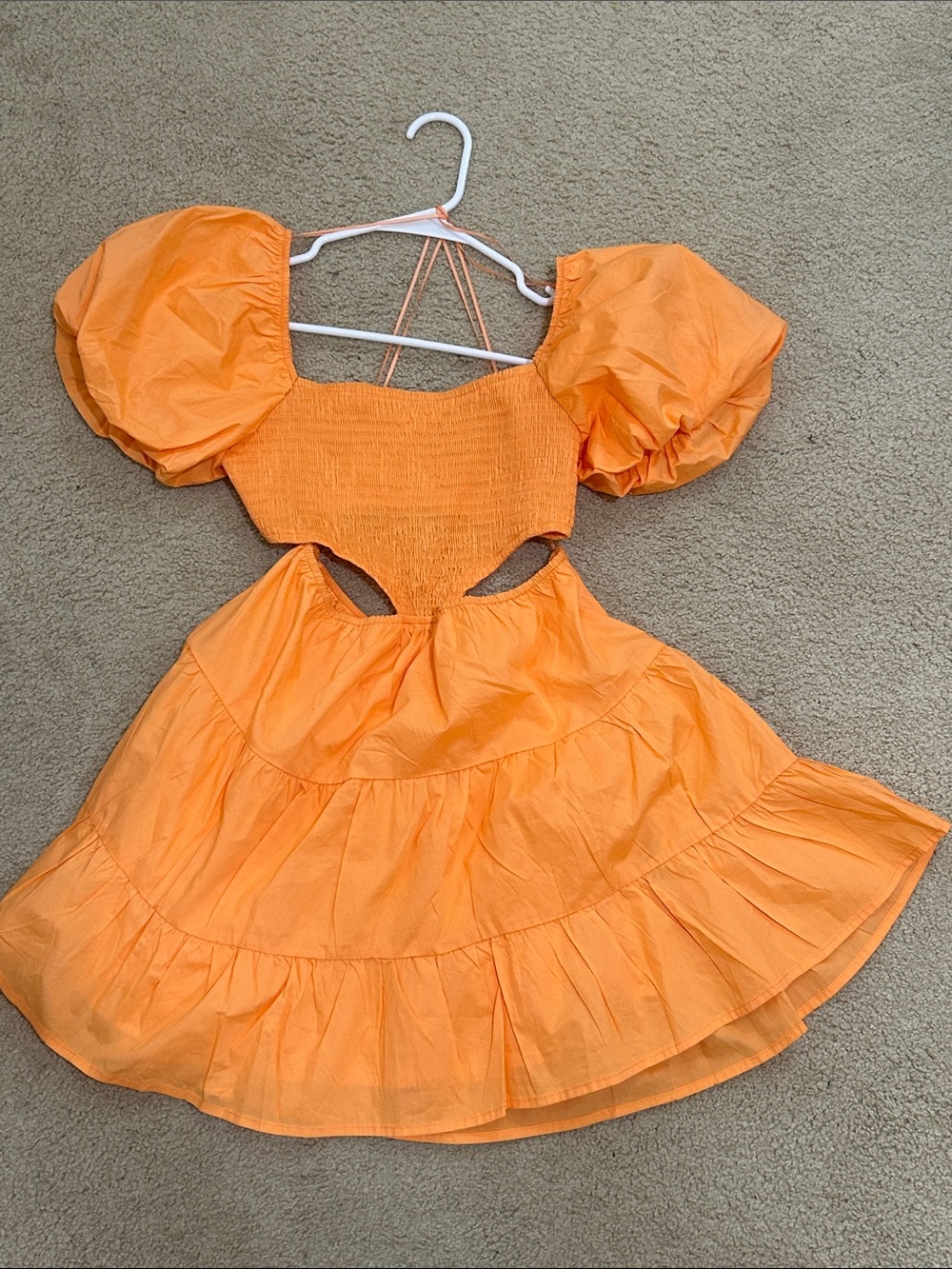 The Vintage Shop Orange Puff-Sleeve Midi Dress with Cutout Waist